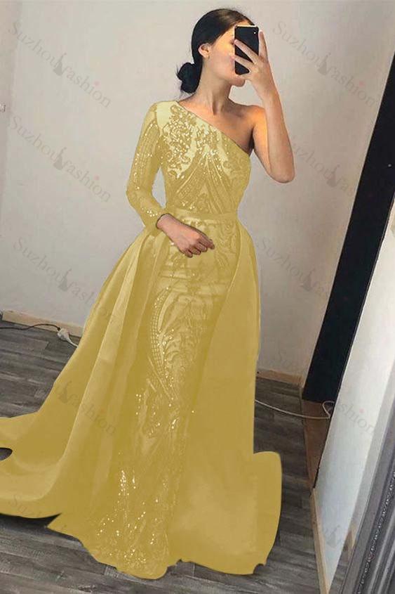 Dark Green Prom Dress Overskirt One Shoulder Long Sleeve Mermaid Evening Formal Dress With Sequined