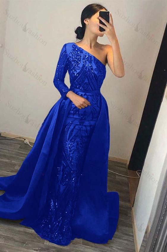 Dark Green Prom Dress Overskirt One Shoulder Long Sleeve Mermaid Evening Formal Dress With Sequined