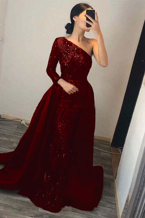 Dark Green Prom Dress Overskirt One Shoulder Long Sleeve Mermaid Evening Formal Dress With Sequined