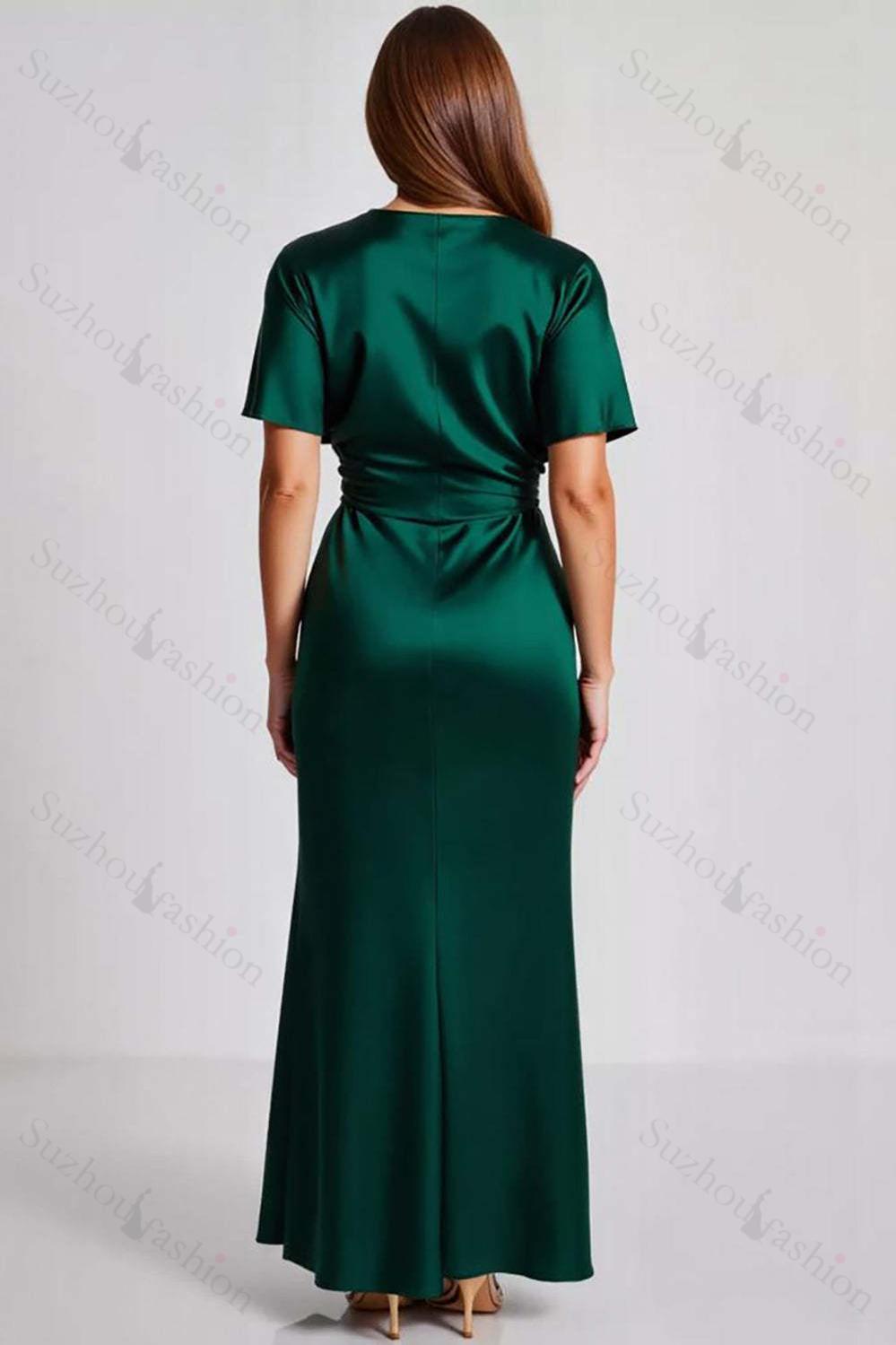 Dark Green Prom Dress Satin Short Sleeves V Neck Sheath Long Formal Dress