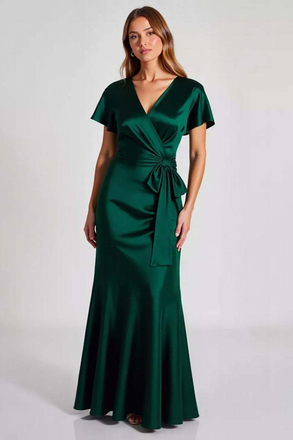 Suzhoufashion Dark Green Prom Dress Satin V-Neck Long Sheath Formal Dress with Short Sleeves Suzhoufashion Dark Green Prom Dress Satin V-Neck Long Sheath Formal Dress with Short Sleeves
