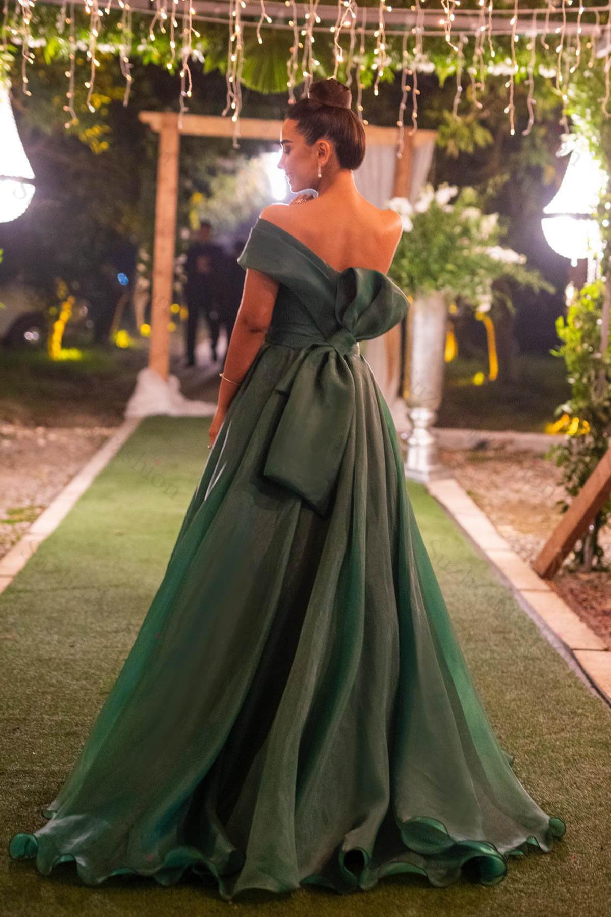 Dark Green Prom Dress Strapless One Shoulder Mermaid Front Split Evening Formal Dress with Bowknot