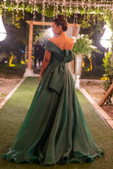 Dark Green Prom Dress Strapless One Shoulder Mermaid Front Split Evening Formal Dress with Bowknot