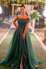 Dark Green Prom Dress Strapless One Shoulder Mermaid Front Split Evening Formal Dress with Bowknot