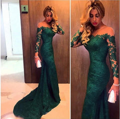Dark Green Prom Dresses Long Sleeve Lace Sheath Evening Gown Bag258