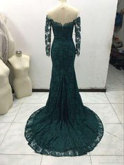Dark Green Prom Dresses Long Sleeve Lace Sheath Evening Gown Bag258