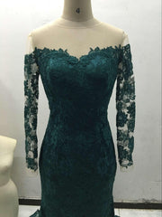 Dark Green Prom Dresses Long Sleeve Lace Sheath Evening Gown Bag258
