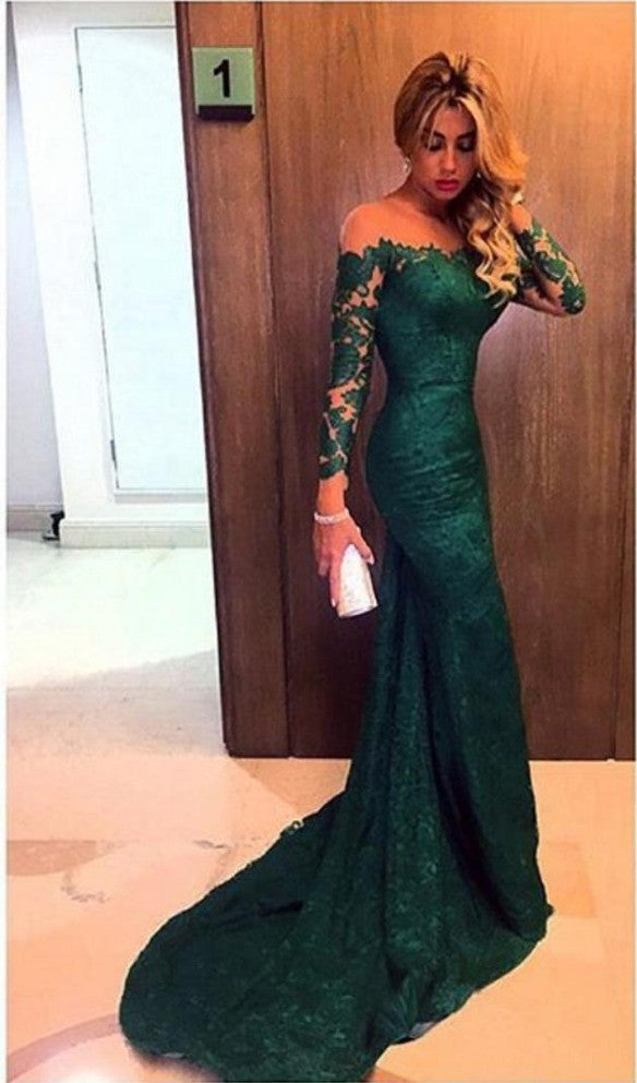 Dark Green Prom Dresses Long Sleeve Lace Sheath Evening Gown Bag258
