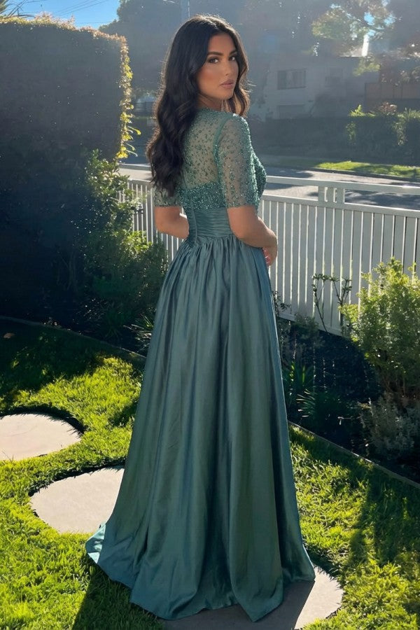 Dark Green Satin A Line Prom Dress with Half Sleeves and Beaded Bodice