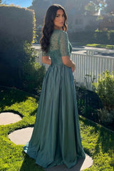 Dark Green Satin A Line Prom Dress with Half Sleeves and Beaded Bodice