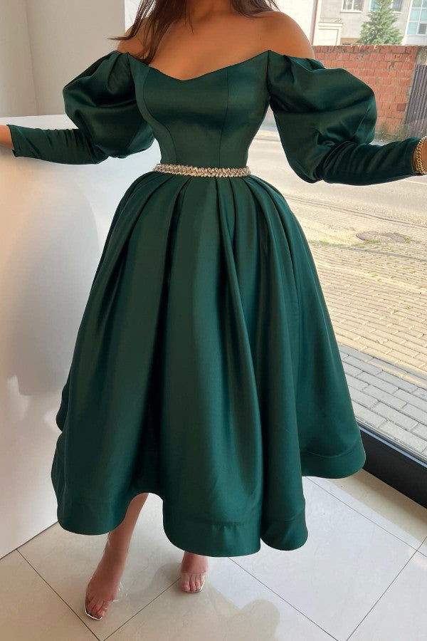 Dark Green Satin A Line Prom Dress with Puff Sleeves and Crystal Belt