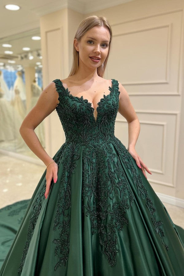 Dark Green Satin Ball Gown Prom Dress with Beaded Lace Appliques