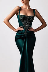 Dark Green Satin Mermaid Prom Dress with Crystal Bodice and Knot Drape
