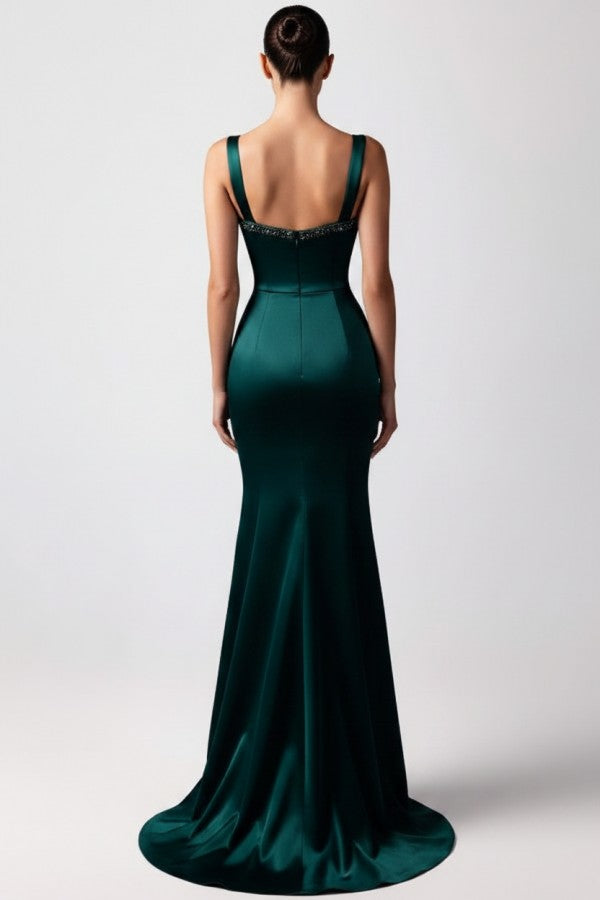 Dark Green Satin Mermaid Prom Dress with Crystal Bodice and Knot Drape