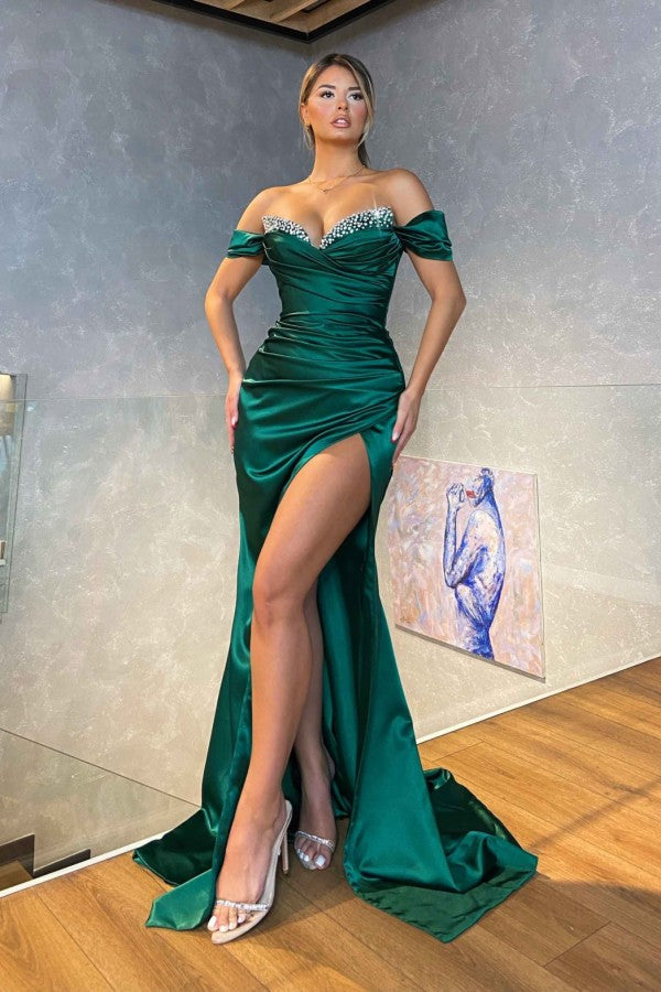 Dark Green Sexy Off-the-shoulder Sleeveless Satin Floor-Length Prom Dresses with Ruffles