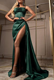 Dark Green Spaghetti-Starps Mermaid Prom Dress Slit Long