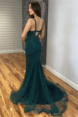 Dark Green V Neck Tulle Mermaid Evening Dresses | Appliques Sleeveless Prom Dress