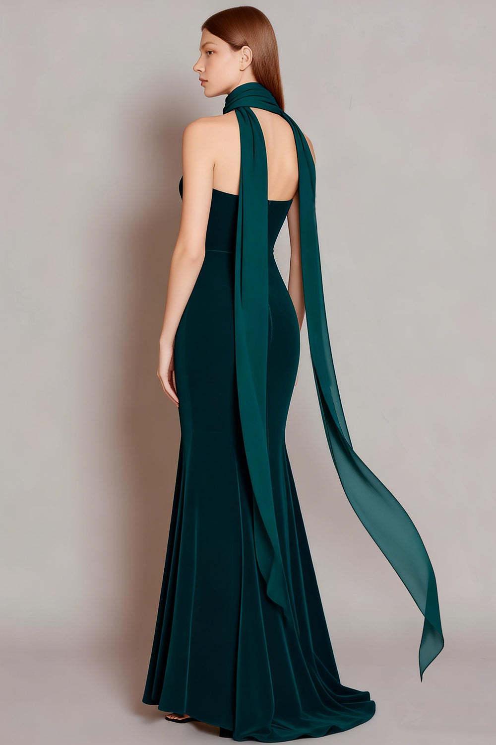 Dark Green Velvet Neck Scarf Long Mermaid Prom Dress