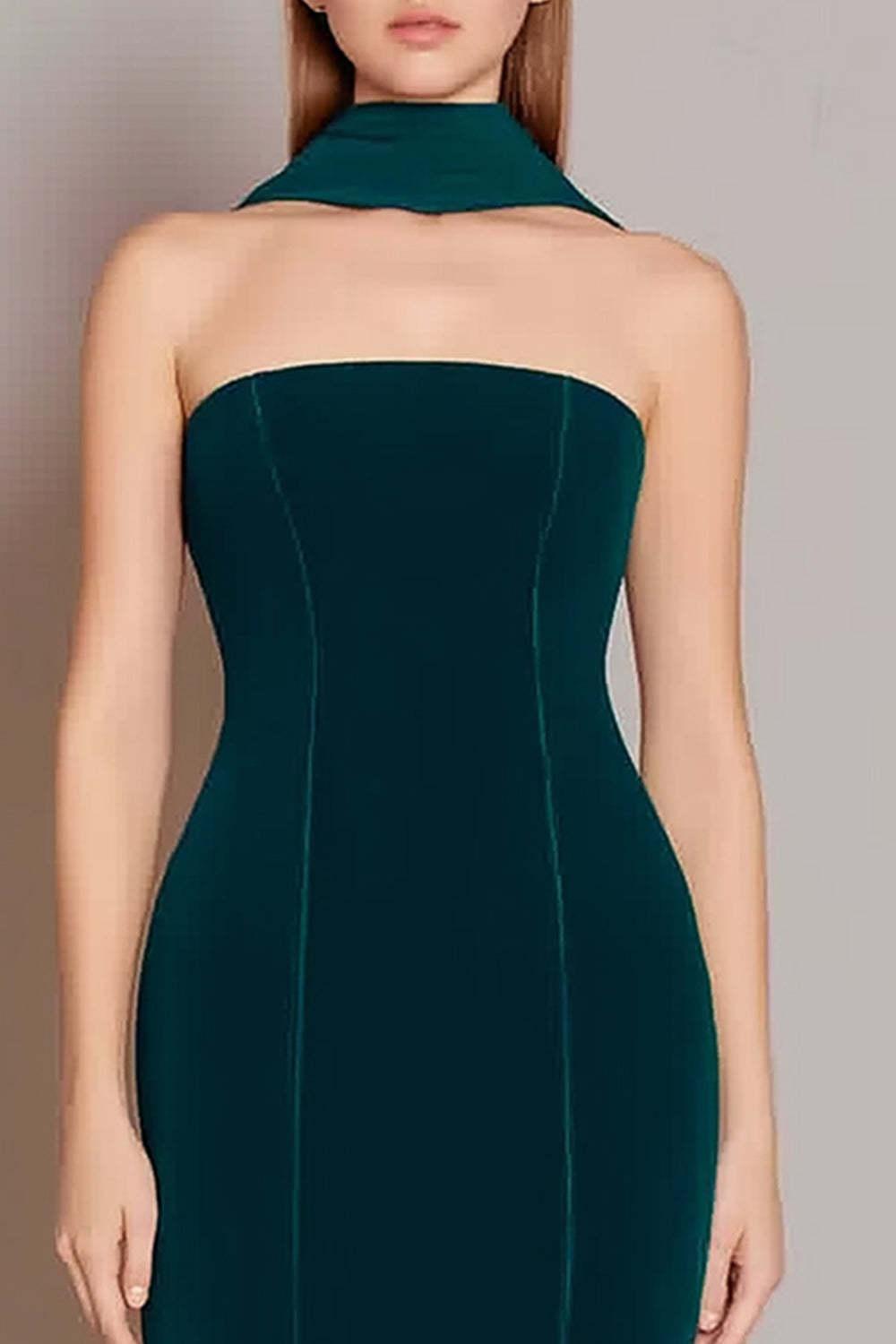 Dark Green Velvet Neck Scarf Long Mermaid Prom Dress