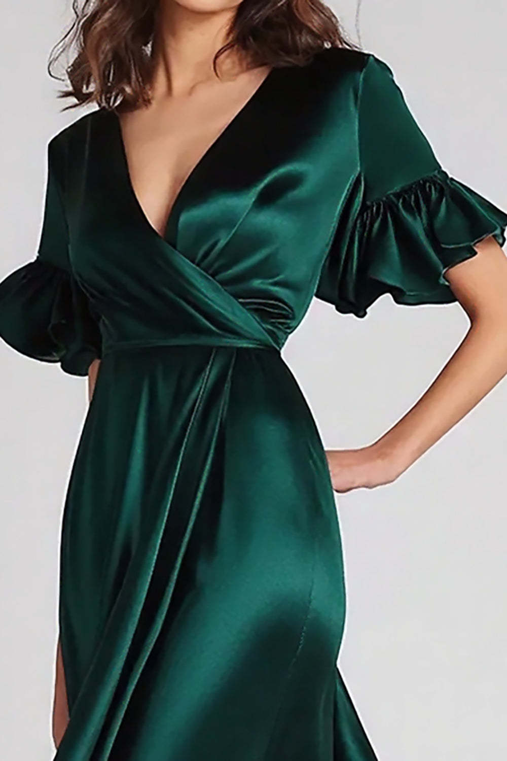 Suzhoufashion Dark Green Wedding Guest Dress V-Neck Satin Long Formal Dress With Ruffles Suzhoufashion Dark Green Wedding Guest Dress V-Neck Satin Long Formal Dress With Ruffles