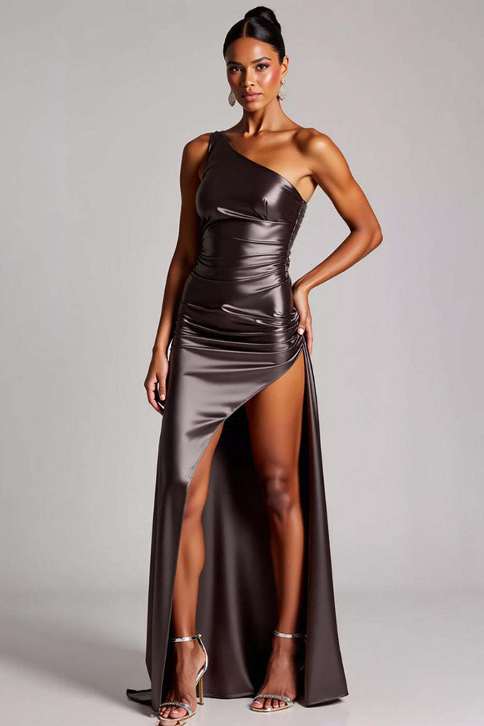 Suzhoufashion Dark Grey Prom Dress One Shoulder Long Satin Formal Dress with Slit
