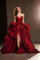 Suzhoufashion Dark Red Ball Gown Ruffled Sweetheart Long Pageant Dress With Slit