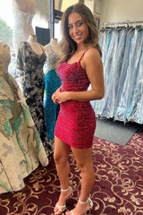 Dark Red Homecoming Dresses Beaded Spaghetti Straps Tight Short Cocktail Dresses