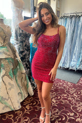 Dark Red Homecoming Dresses Beaded Spaghetti Straps Tight Short Cocktail Dresses