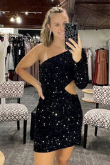Dark Red Homecoming Dresses Waist Cut Out One Shoulder Tight Sequin Prom Dress with Sleeves