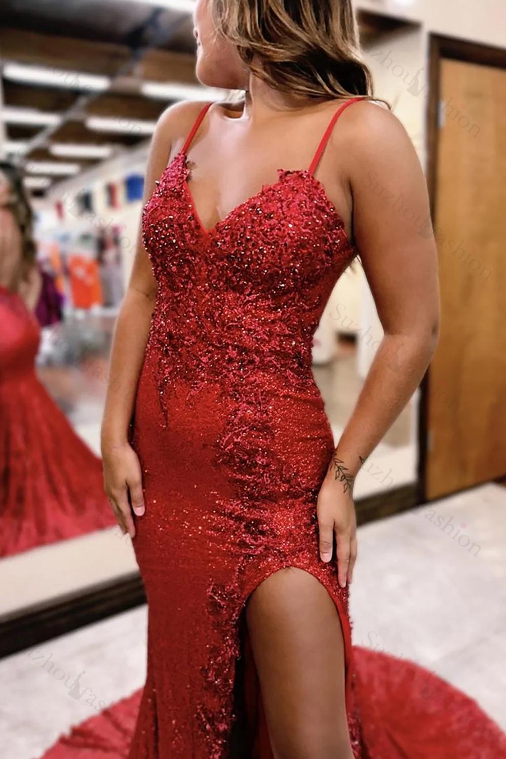 Dark Red Prom Dress Mermaid Long Lace Formal Dress With Slit