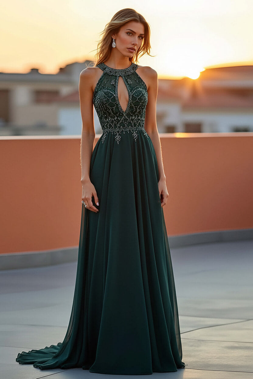 Beaded Navy Wedding Guest Dress Halter Long Formal Dress With Embroideries