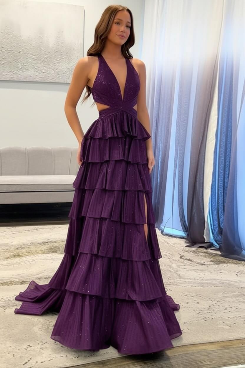 Suzhoufashion Emerald Green Prom Dress Tiered A-Line Halter Long Formal Dress With Slit Suzhoufashion Emerald Green Prom Dress Tiered A-Line Halter Long Formal Dress With Slit