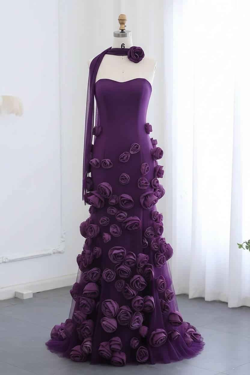 Pink Prom Dress Strapless Mermaid 3D Flowers Formal Dress With Slit