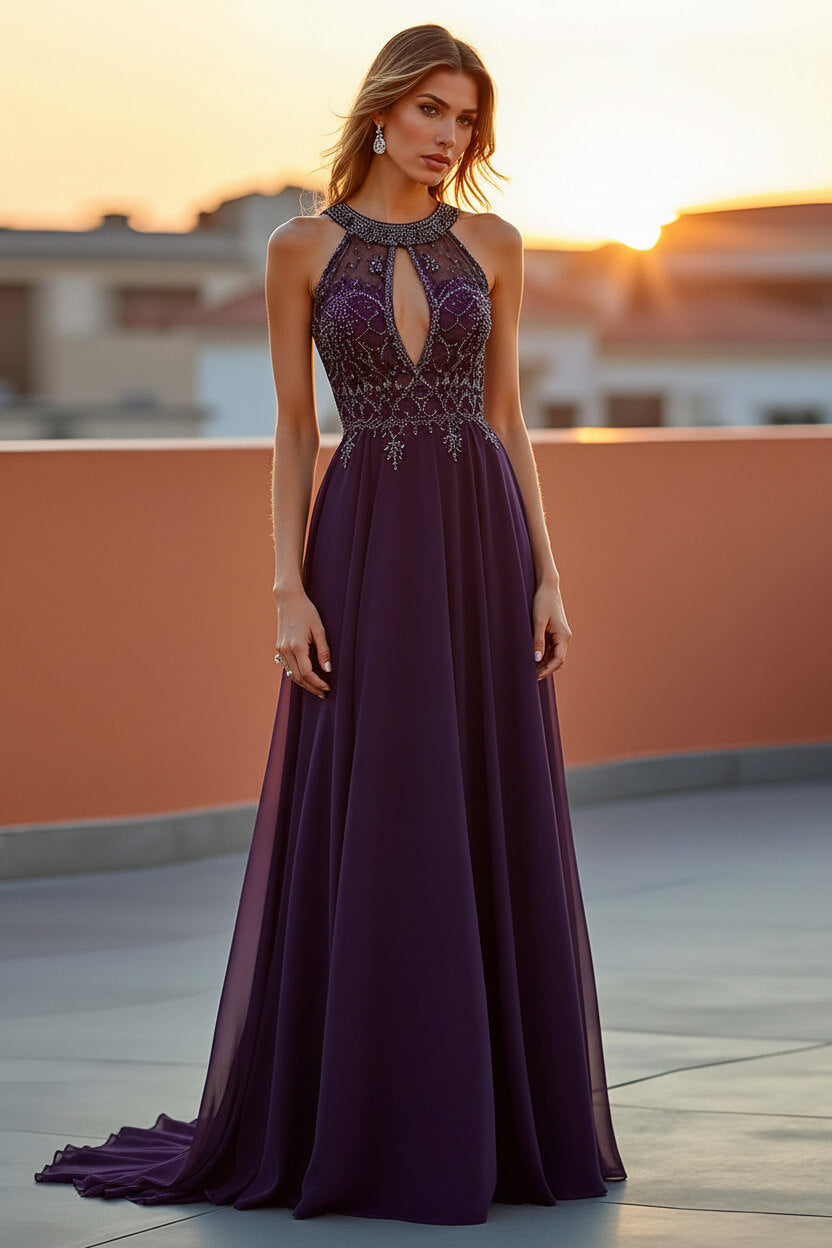Beaded Navy Wedding Guest Dress Halter Long Formal Dress With Embroideries
