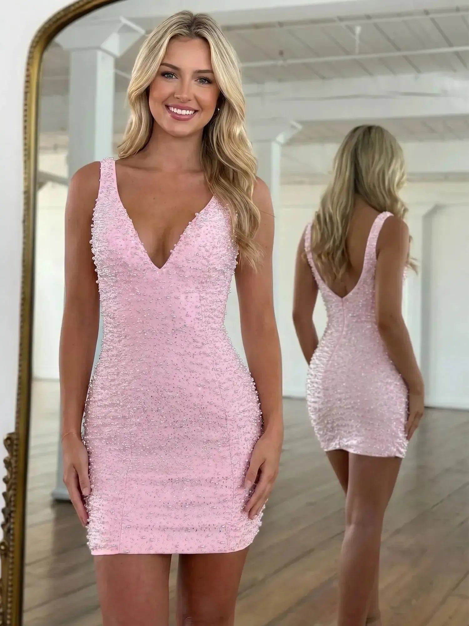 Deep V-Neck Allover Pearl Embellished Bodycon Homecoming Dresses Mini Cocktail Dress
