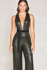 Deep V-Neck Olive Wedding Guest Dress Gala Jumpsuits With Belt