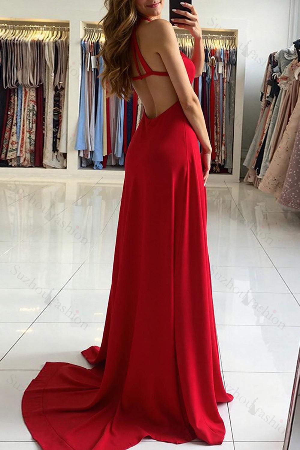 Suzhoufashion Deep V-Neck Red Prom Dress A Line Long Formal Dress With Slit