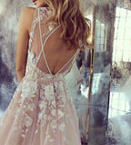 Deep V Neck Sexy Pink Wedding Dresses Sleeveless Tulle Wedding Reception Dress with Flowers