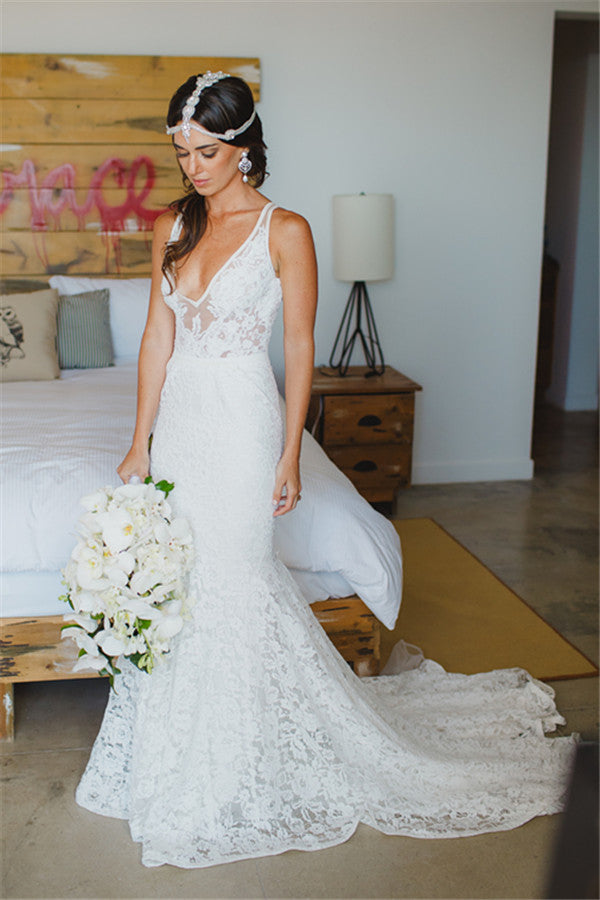 Deep V-neck Mermaid Lace Summer Wedding Dress Bohemian Sleeveless Open Back Boho Bridal Dresses