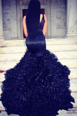 Deep V-neck Navy Blue Evening Dresses Sexy Mermaid Ruffled Organza Prom Gowns CE0041