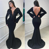 Deep V-neck Open Back Black Prom Dresses | Mermaid Long Sleeve Beads Tassels Evening Gown