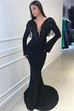 Deep V-neck Open Back Black Prom Dresses  | Mermaid Long Sleeve Beads Tassels Evening Gown