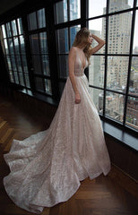 Deep V-neck Sleeveless Sexy Unique Sparkly Fabric Open Back Evening Dresses