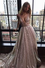 Deep V-neck Sleeveless Sexy Unique Sparkly Fabric Open Back Evening Dresses
