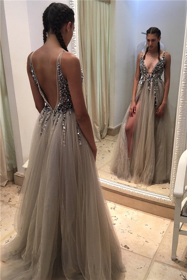 Deep V-neck Tulle Front Slit Evening Gowns Crystals Open-Back Sexy Beadings Prom Dresses BA4255