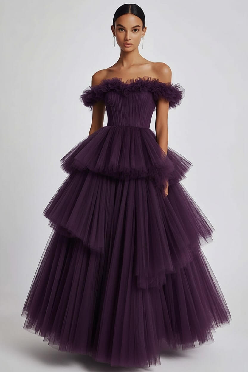 Dusty Sage Prom Dress Tulle Off The Shoulder Ball Gown Formal Dress With Ruffles