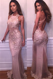 Delicate Halter Lace-Appliques Sleeveless Mermaid Prom Dress BA4359