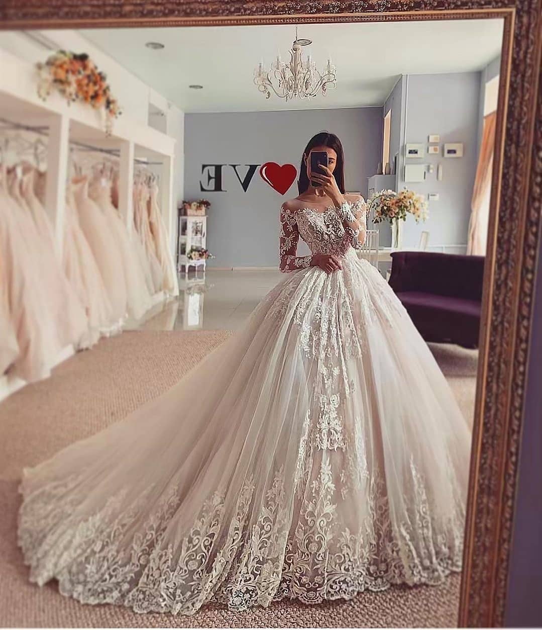 Delicate Lace Appliques Ball Gown Wedding Dresses | Long Sleeves Off-The-Shoulder Bridal Gowns