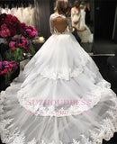 Delicate Lace Appliques Long Sleeve Wedding Dresses Tiered Ball Gown Bridal Dress