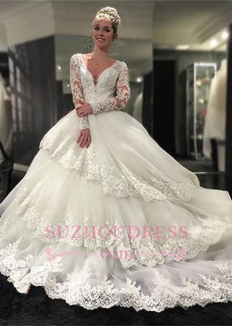 Delicate Lace Appliques Long Sleeve Wedding Dresses Tiered Ball Gown Bridal Dress